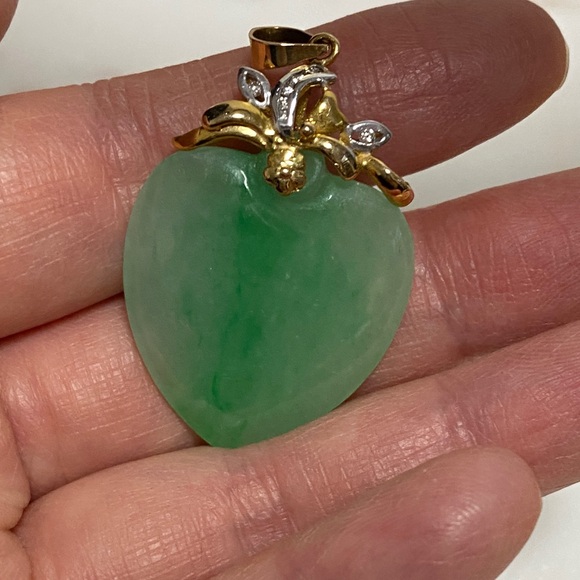 14K Gold Jade and Diamond Floral Pendant - Green Jade Accent - Picture 3 of 10